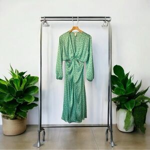 H&M Balloon Sleeves Cut-out Crepe Long Dress Green Print Sz L